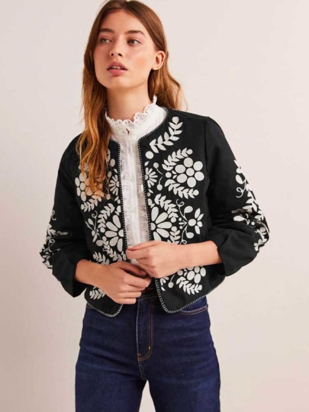 Boden Black Embroidered Open Front Cropped Jacket